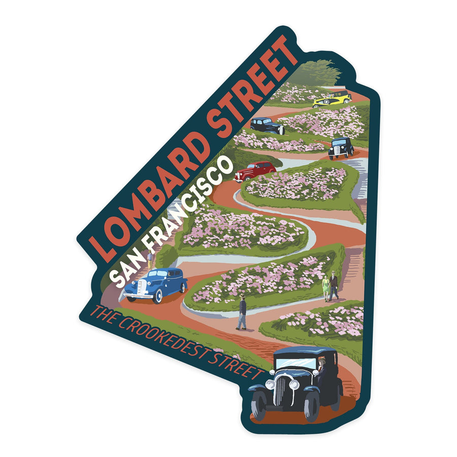 San Francisco, California, Lombard Street, Vintage Cars, Contour, Vinyl Sticker Sticker Lantern Press 