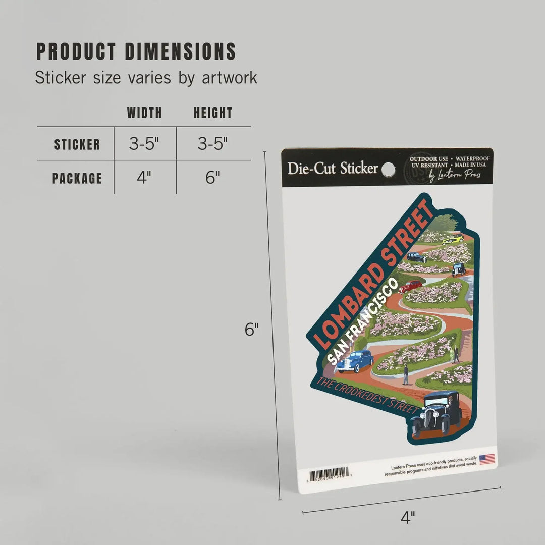 San Francisco, California, Lombard Street, Vintage Cars, Contour, Vinyl Sticker Sticker Lantern Press 
