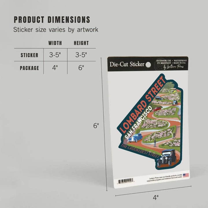 San Francisco, California, Lombard Street, Vintage Cars, Contour, Vinyl Sticker Sticker Lantern Press 