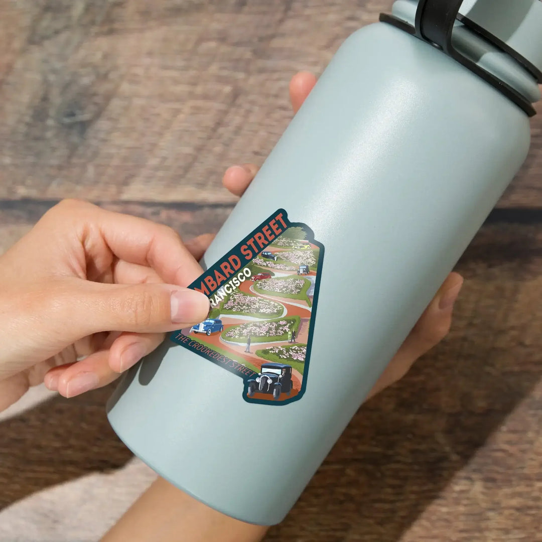 San Francisco, California, Lombard Street, Vintage Cars, Contour, Vinyl Sticker Sticker Lantern Press 