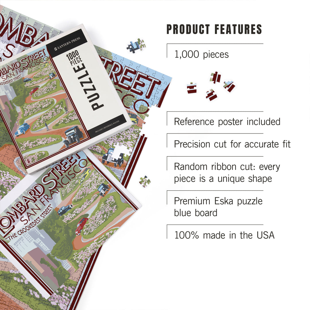 San Francisco, California, Lombard Street, Vintage Cars, Jigsaw Puzzle Puzzle Lantern Press 