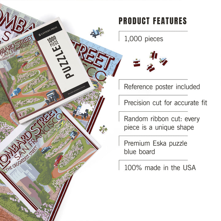 San Francisco, California, Lombard Street, Vintage Cars, Jigsaw Puzzle Puzzle Lantern Press 