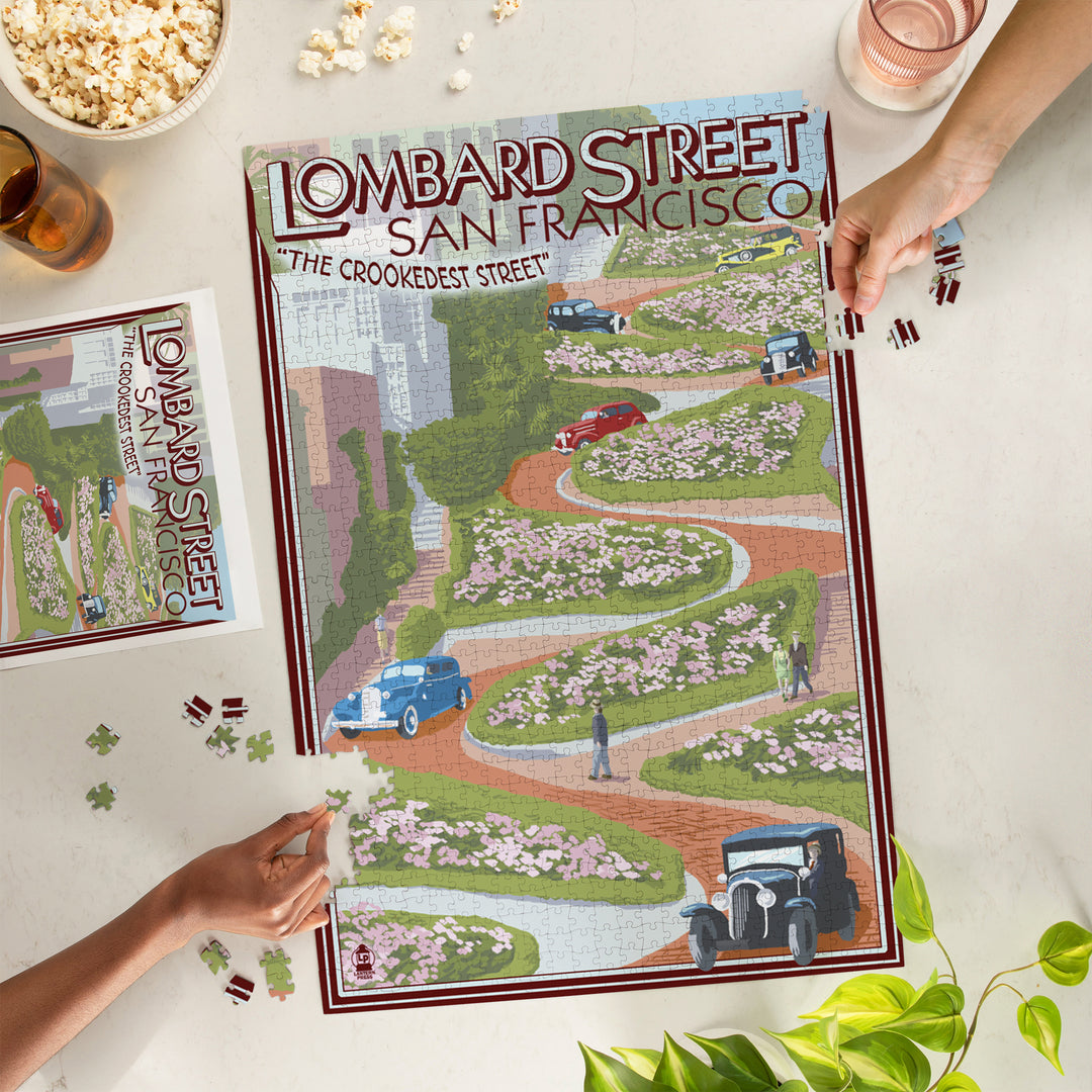 San Francisco, California, Lombard Street, Vintage Cars, Jigsaw Puzzle Puzzle Lantern Press 