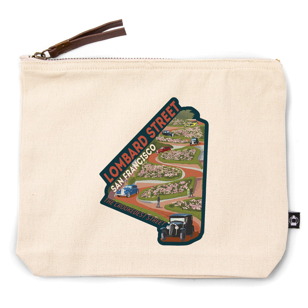 San Francisco, California, Lombard Street, Vintage Cars,, Organic Cotton Zipper Pouch, Go Bag Go Bag Lantern Press 