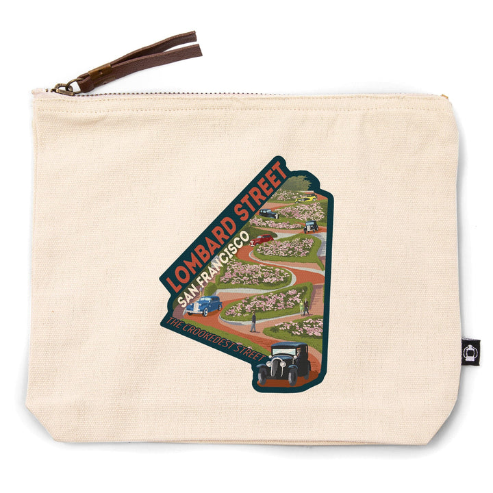 San Francisco, California, Lombard Street, Vintage Cars,, Organic Cotton Zipper Pouch, Go Bag Go Bag Lantern Press 