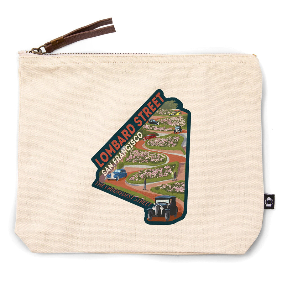 San Francisco, California, Lombard Street, Vintage Cars,, Organic Cotton Zipper Pouch, Go Bag Go Bag Lantern Press 