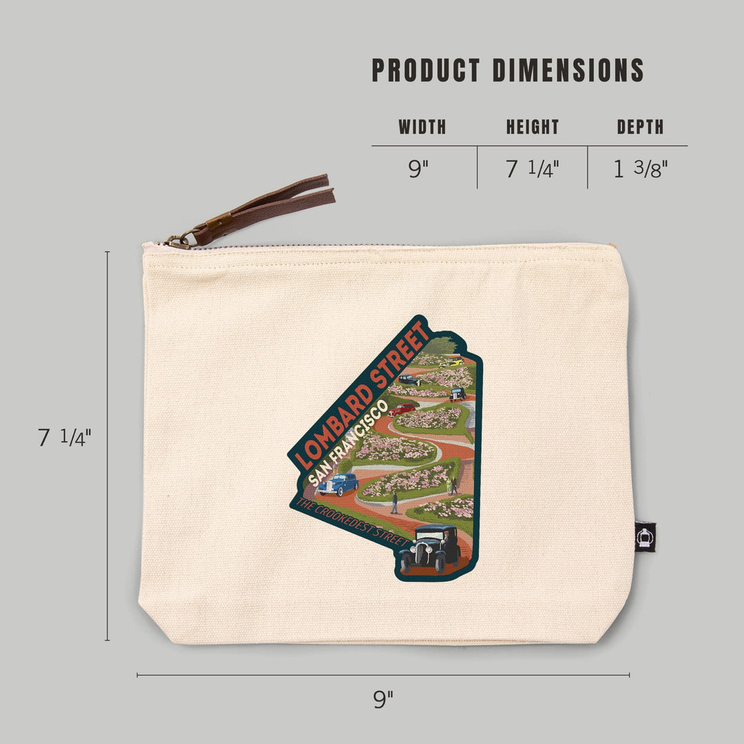San Francisco, California, Lombard Street, Vintage Cars,, Organic Cotton Zipper Pouch, Go Bag Go Bag Lantern Press 
