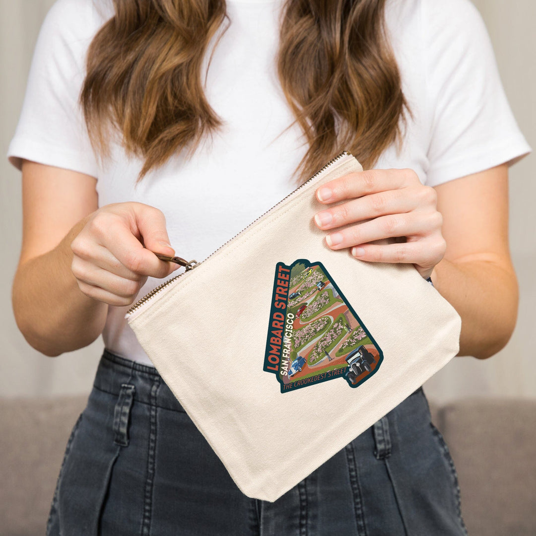 San Francisco, California, Lombard Street, Vintage Cars,, Organic Cotton Zipper Pouch, Go Bag Go Bag Lantern Press 