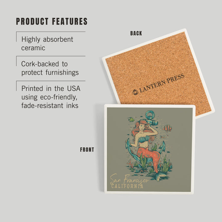 San Francisco, California, Mermaid and Anchor, Ocean Floor Scene, Coasters Coasters Lantern Press 