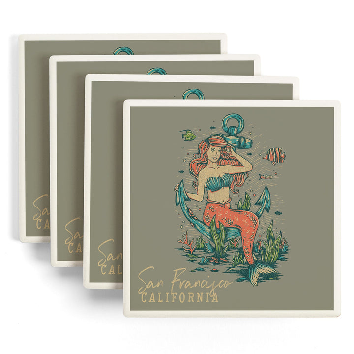 San Francisco, California, Mermaid and Anchor, Ocean Floor Scene, Coasters Coasters Lantern Press 