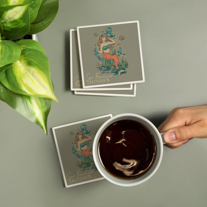 San Francisco, California, Mermaid and Anchor, Ocean Floor Scene, Coasters Coasters Lantern Press 