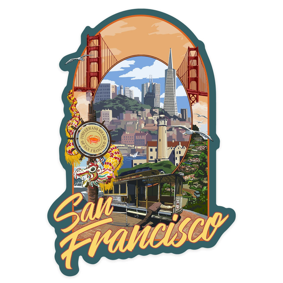 San Francisco, California, Montage, Contour, Lantern Press Artwork, Vinyl Sticker Sticker Lantern Press 
