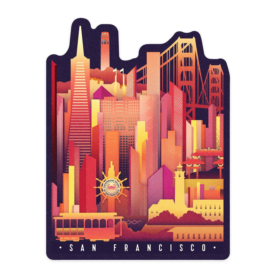 San Francisco, California, Neon Skyline, Contour, Lantern Press Artwork, Vinyl Sticker Sticker Lantern Press 