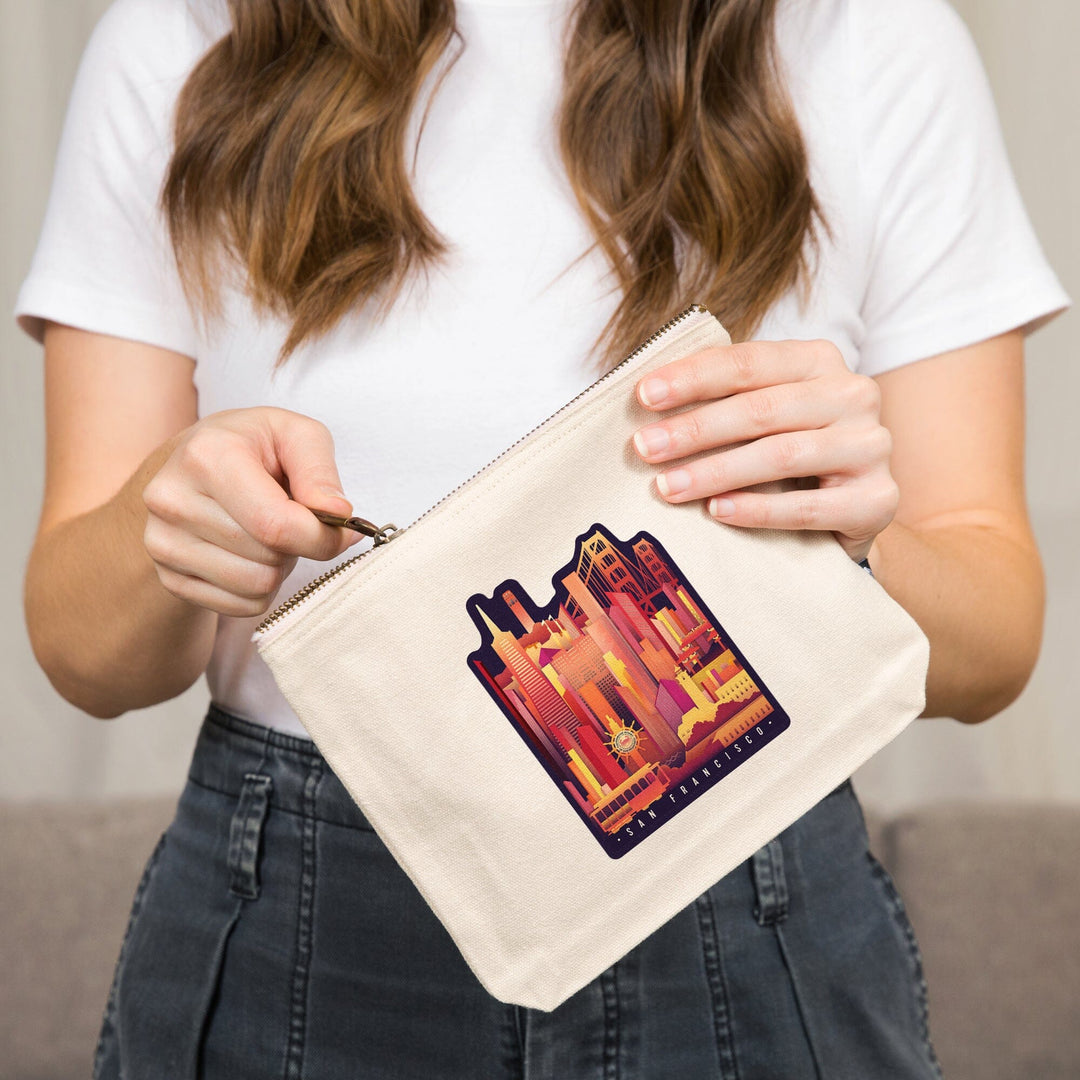 San Francisco, California, Neon Skyline,, Organic Cotton Zipper Pouch, Go Bag Go Bag Lantern Press 