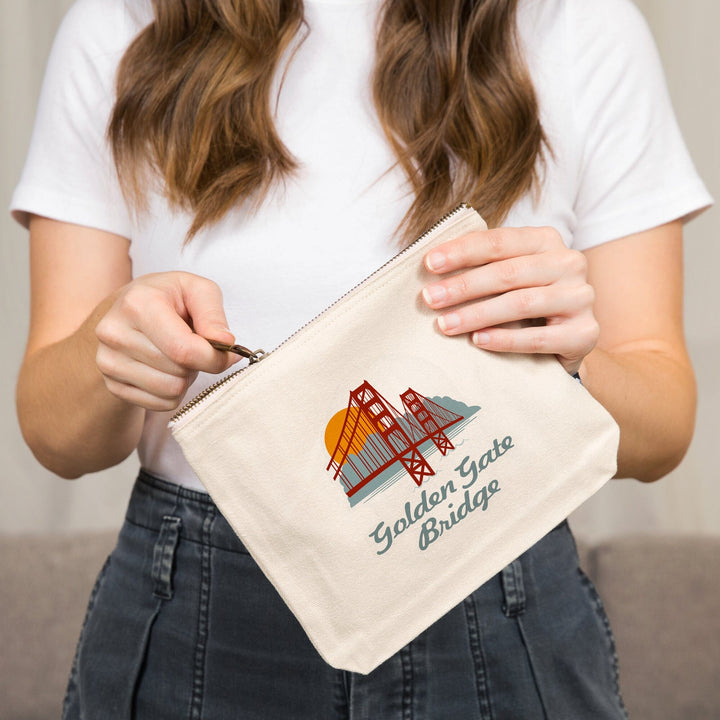 San Francisco, California, Retro Skyline, Golden Gate Bridge,, Organic Cotton Zipper Pouch, Go Bag Go Bag Lantern Press 