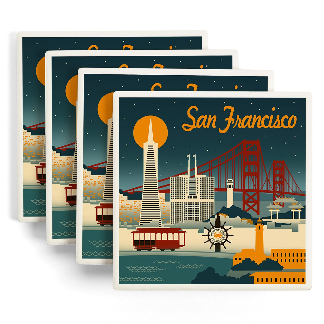 San Francisco, California, Retro Skyline, Lantern Press Artwork, Coaster Set Coasters Lantern Press 