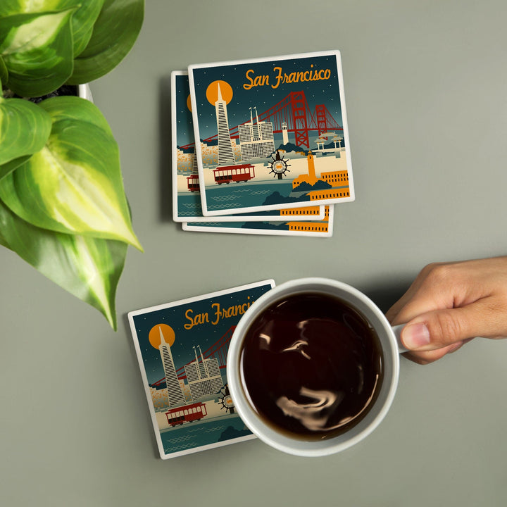 San Francisco, California, Retro Skyline, Lantern Press Artwork, Coaster Set Coasters Lantern Press 