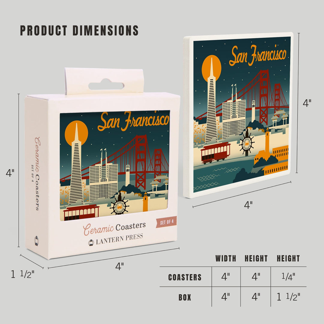 San Francisco, California, Retro Skyline, Lantern Press Artwork, Coaster Set Coasters Lantern Press 