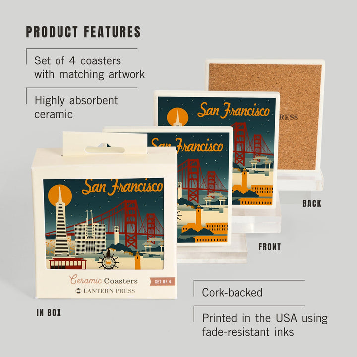 San Francisco, California, Retro Skyline, Lantern Press Artwork, Coaster Set Coasters Lantern Press 