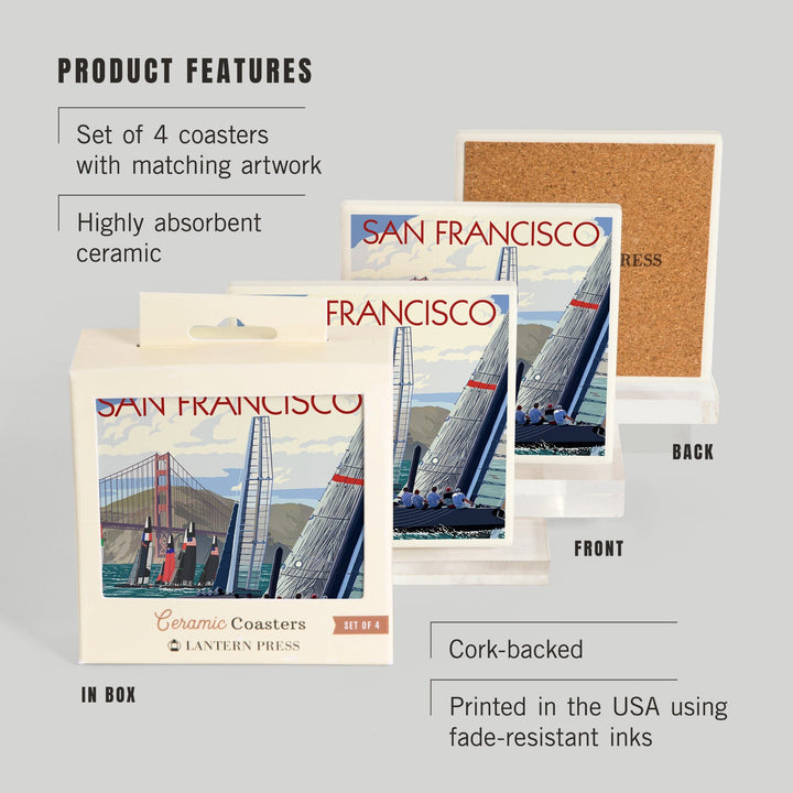 San Francisco, California, Sailboat Race, Lantern Press Artwork, Coaster Set Coasters Lantern Press 