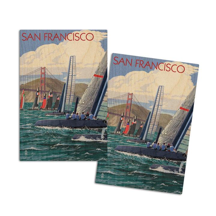 San Francisco, California, Sailboat Race, Lantern Press Artwork, Wood Signs and Postcards Wood Lantern Press 4x6 Wood Postcard Set 