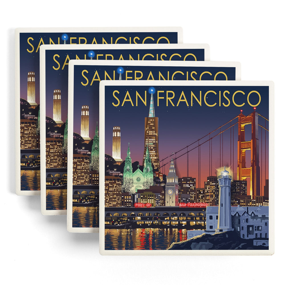 San Francisco, California, Skyline at Night, Coasters Coasters Lantern Press 