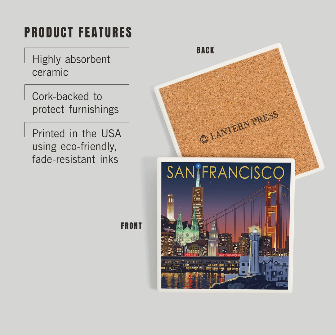 San Francisco, California, Skyline at Night, Coasters Coasters Lantern Press 