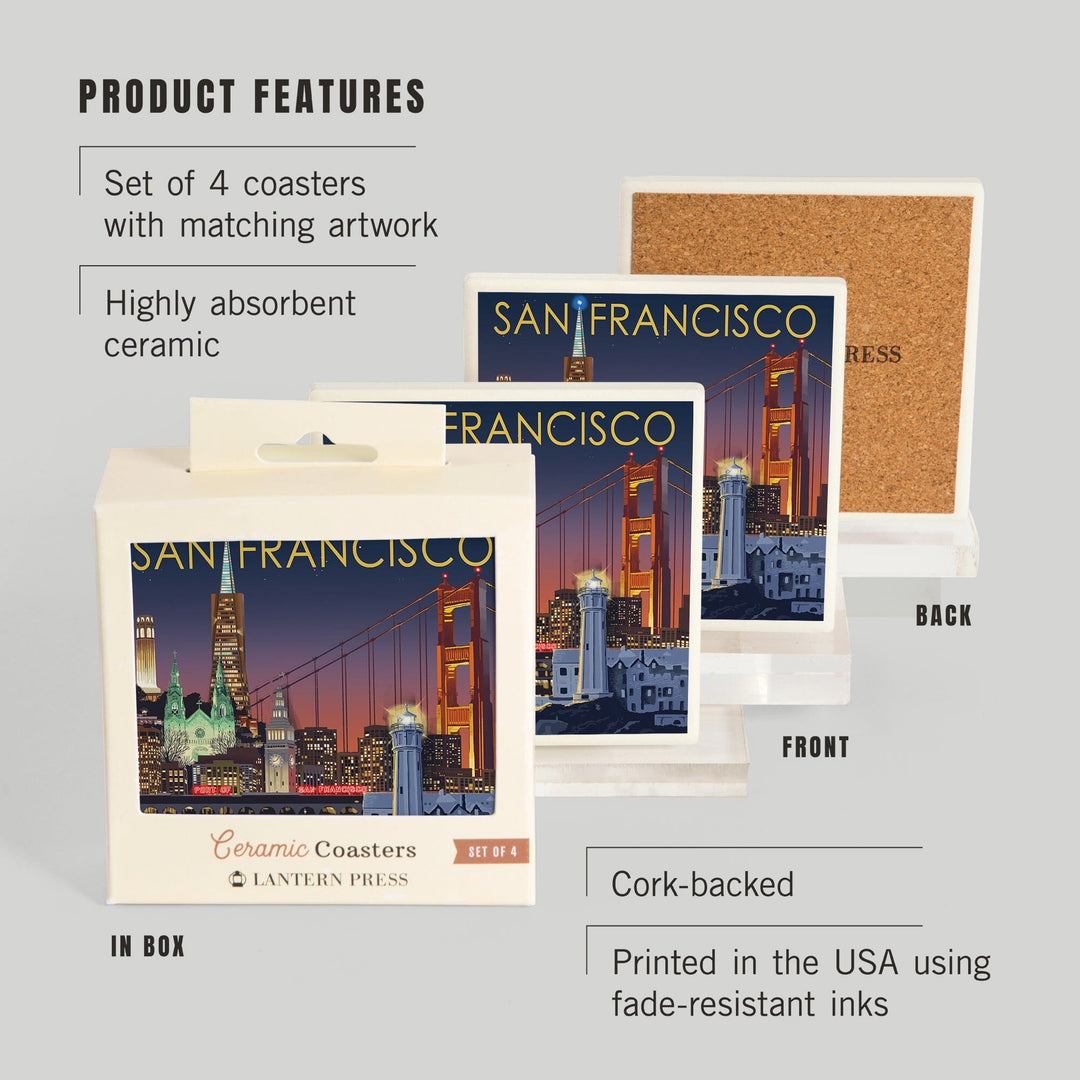 San Francisco, California, Skyline at Night, Coasters Coasters Lantern Press 