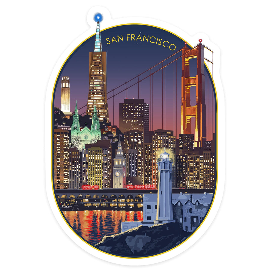 San Francisco, California, Skyline at Night, Contour, Lantern Press Artwork, Vinyl Sticker Sticker Lantern Press 