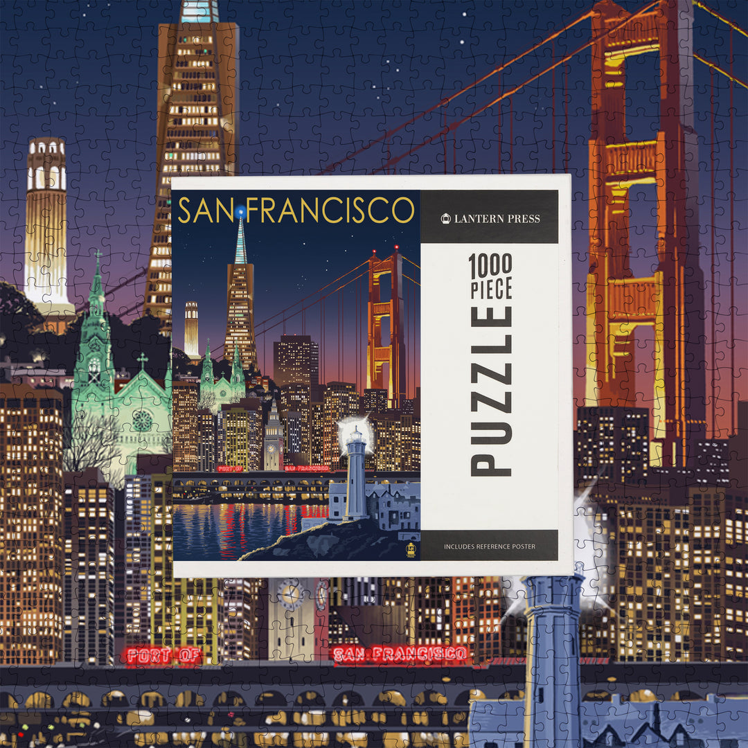 San Francisco, California, Skyline at Night, Jigsaw Puzzle Puzzle Lantern Press 