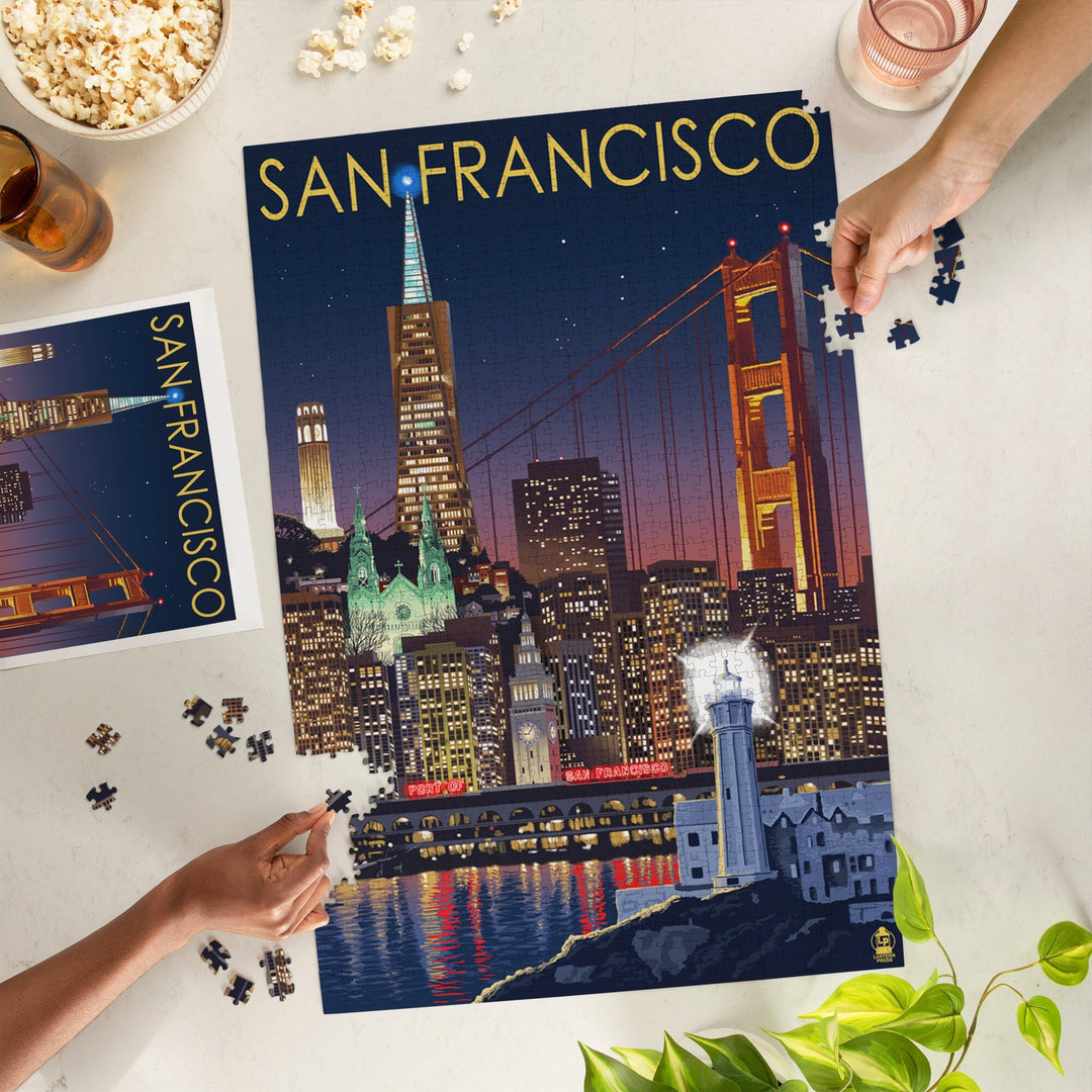 San Francisco, California, Skyline at Night, Jigsaw Puzzle Puzzle Lantern Press 