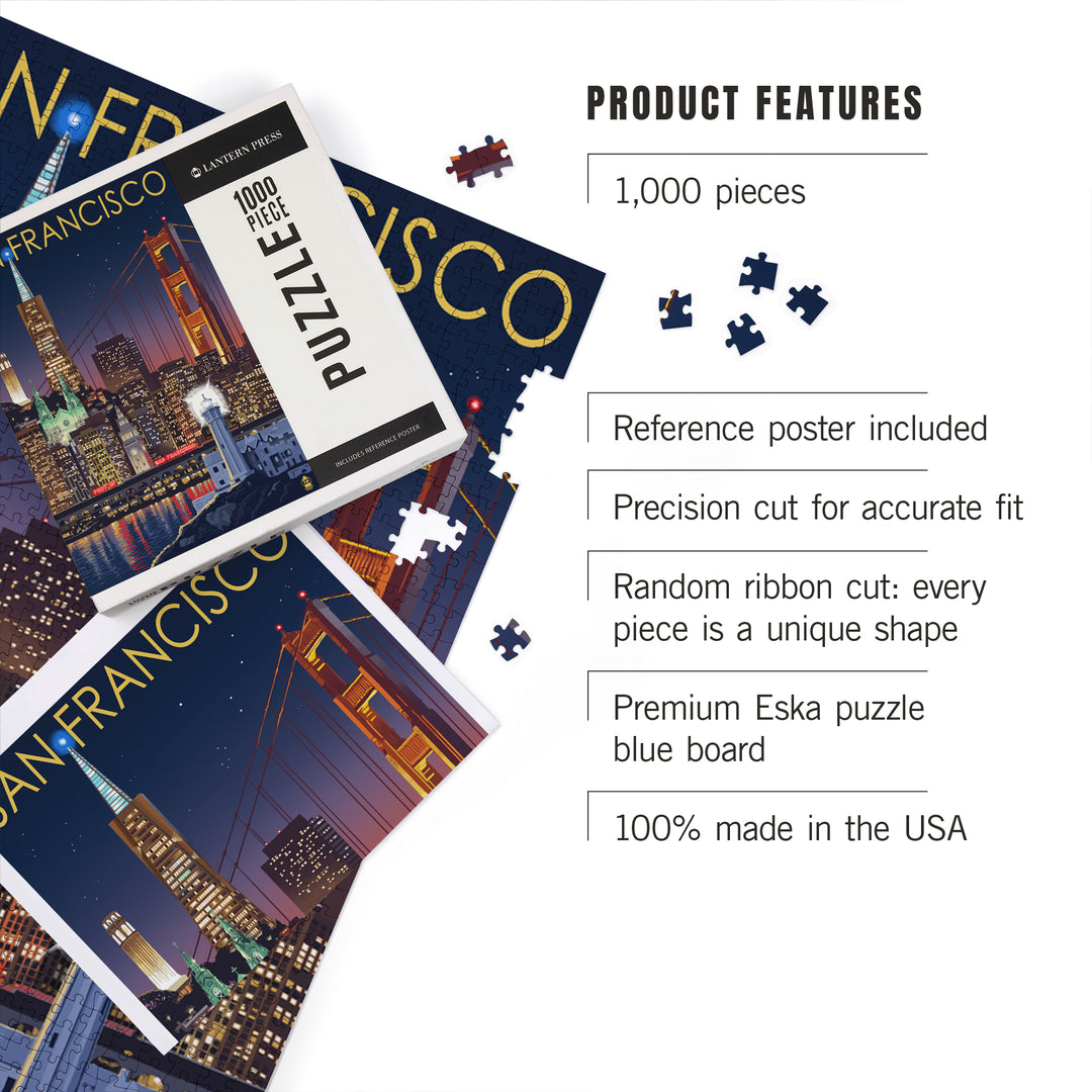 San Francisco, California, Skyline at Night, Jigsaw Puzzle Puzzle Lantern Press 
