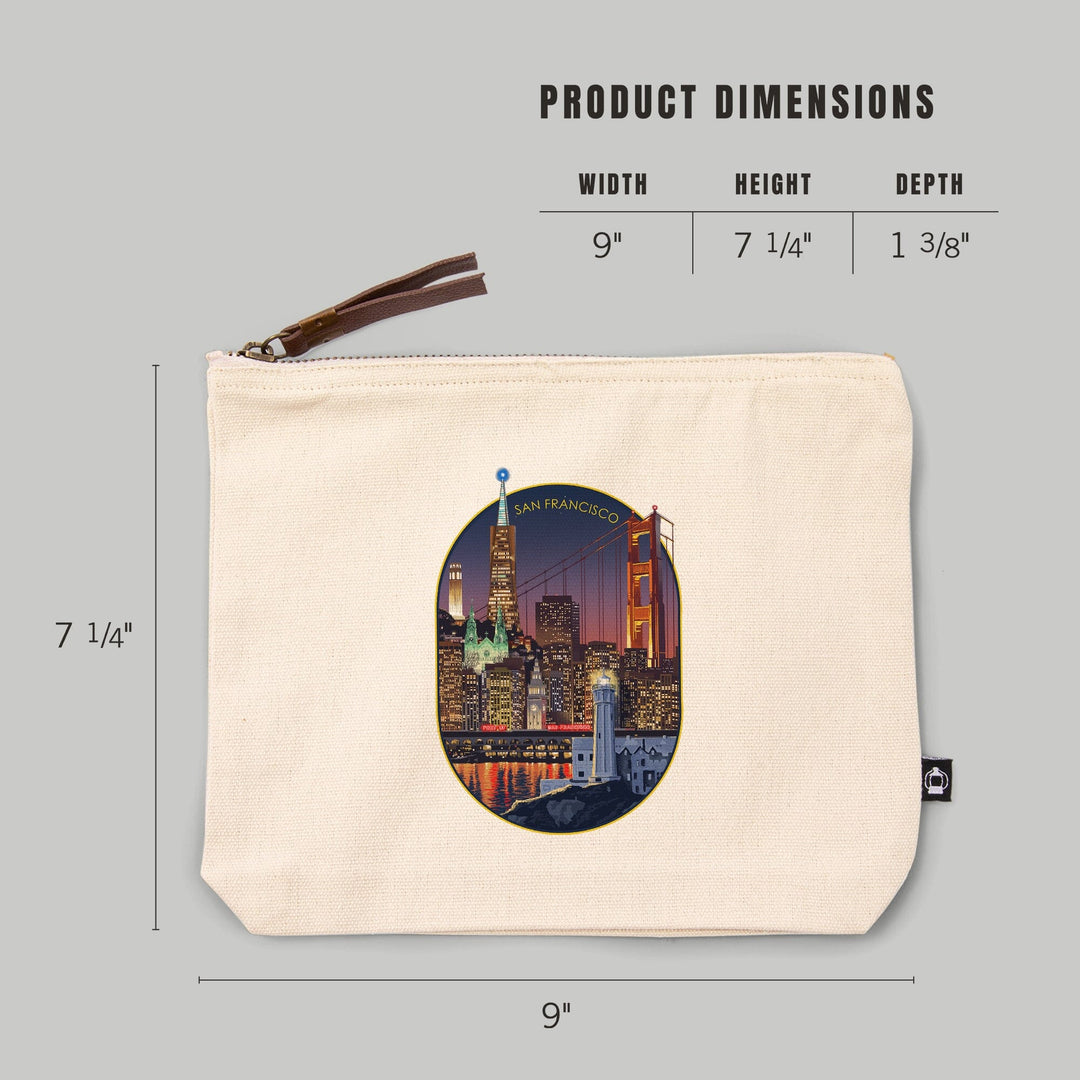 San Francisco, California, Skyline at Night,, Organic Cotton Zipper Pouch, Go Bag Go Bag Lantern Press 