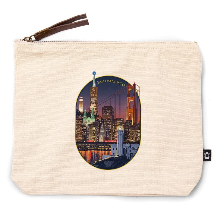 San Francisco, California, Skyline at Night,, Organic Cotton Zipper Pouch, Go Bag Go Bag Lantern Press 