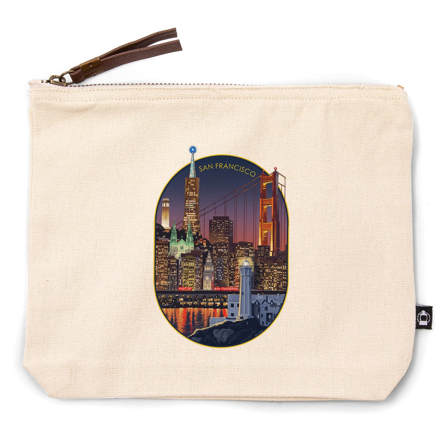 San Francisco, California, Skyline at Night,, Organic Cotton Zipper Pouch, Go Bag Go Bag Lantern Press 