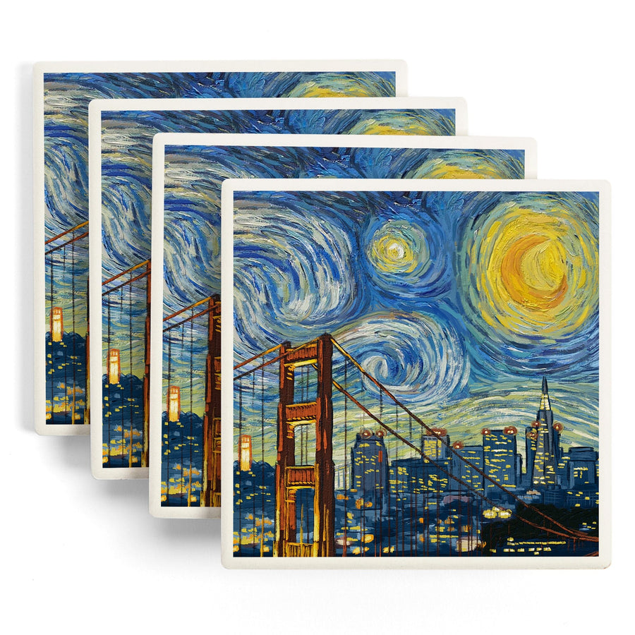 San Francisco, California, Starry Night City Series, Lantern Press Artwork, Coaster Set Coasters Lantern Press 