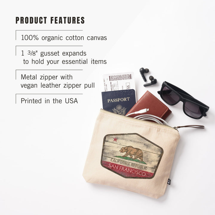 San Francisco, California, State Flag, Rustic,, Organic Cotton Zipper Pouch, Go Bag Go Bag Lantern Press 