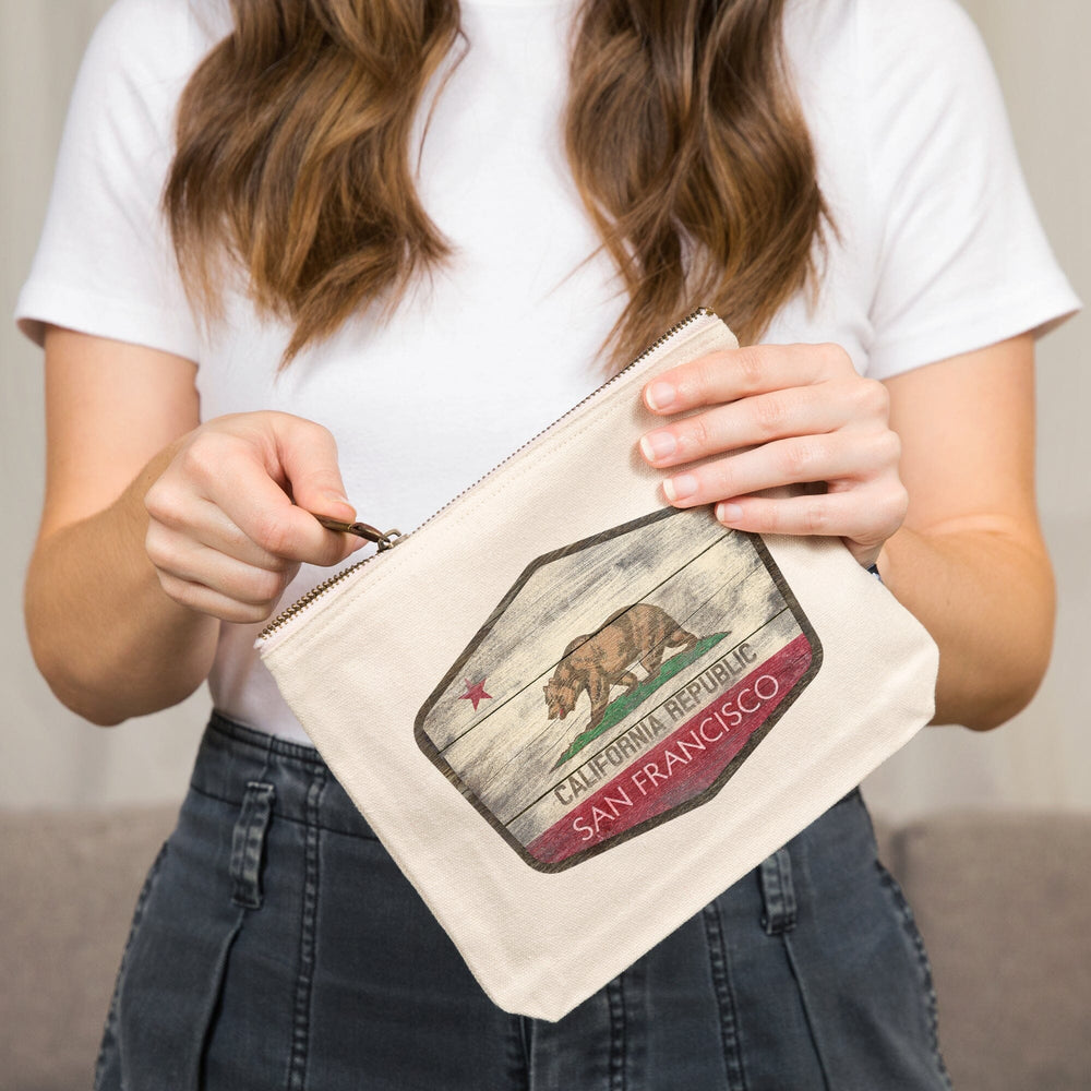 San Francisco, California, State Flag, Rustic,, Organic Cotton Zipper Pouch, Go Bag Go Bag Lantern Press 