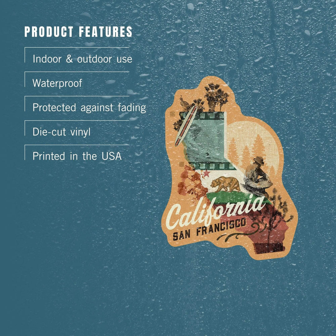San Francisco, California, State Photomontage, State Series, Contour, Vinyl Sticker Sticker Lantern Press 