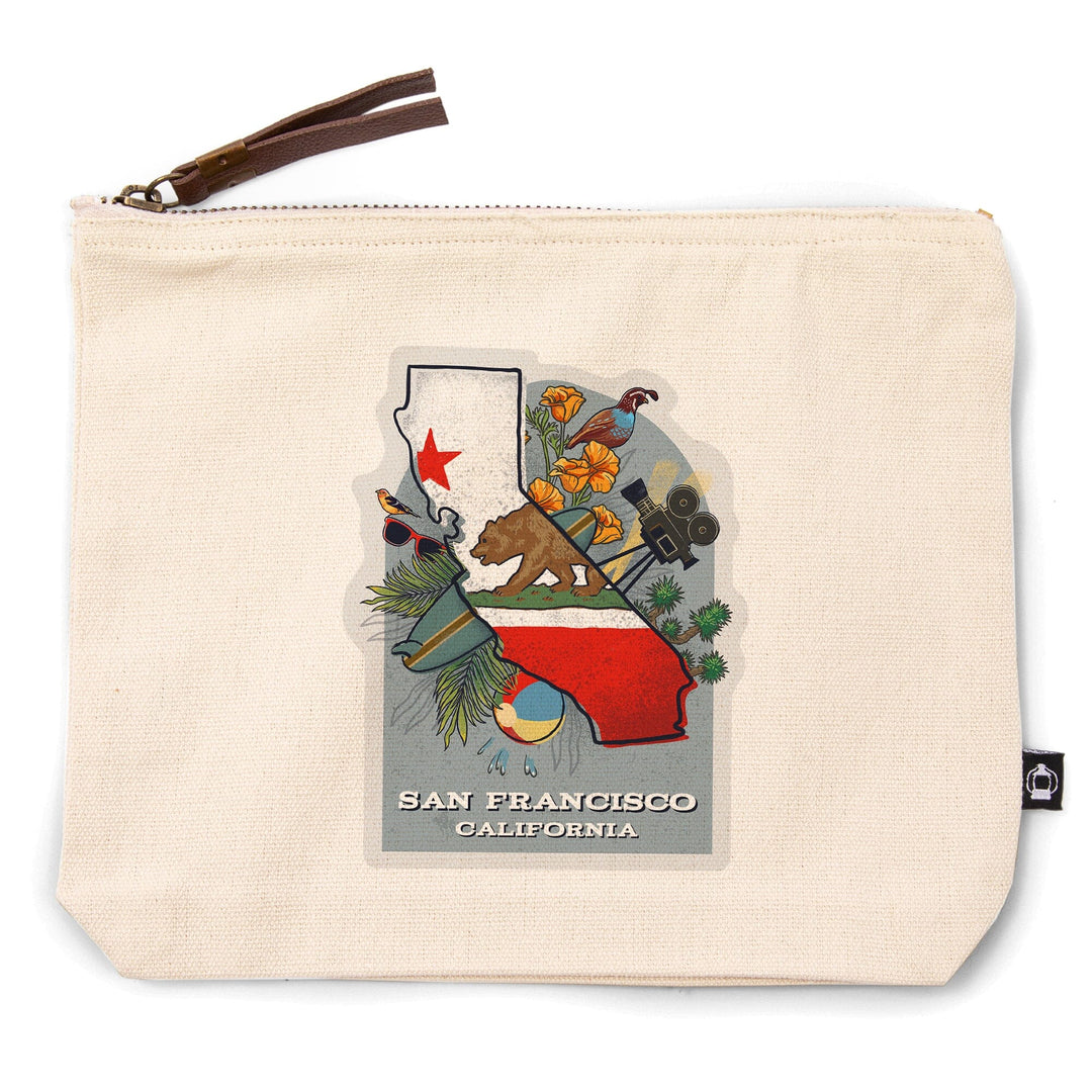 San Francisco, California, State Treasure Trove, State Series,, Organic Cotton Zipper Pouch, Go Bag Go Bag Lantern Press 