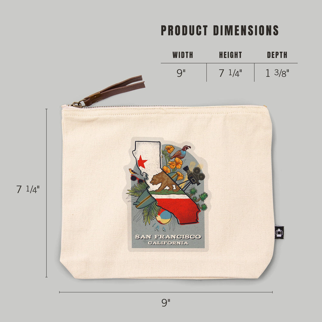 San Francisco, California, State Treasure Trove, State Series,, Organic Cotton Zipper Pouch, Go Bag Go Bag Lantern Press 