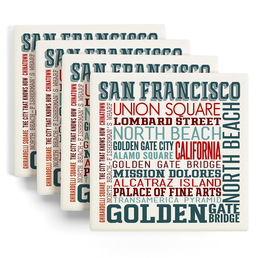 San Francisco, California, Typography, Lantern Press Artwork, Coaster Set Coasters Lantern Press 