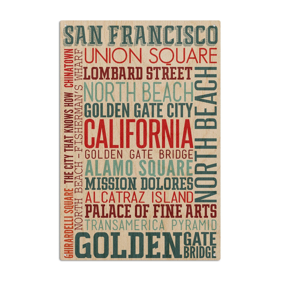 San Francisco, California, Typography, Lantern Press Artwork, Wood Signs and Postcards Wood Lantern Press 10 x 15 Wood Sign 