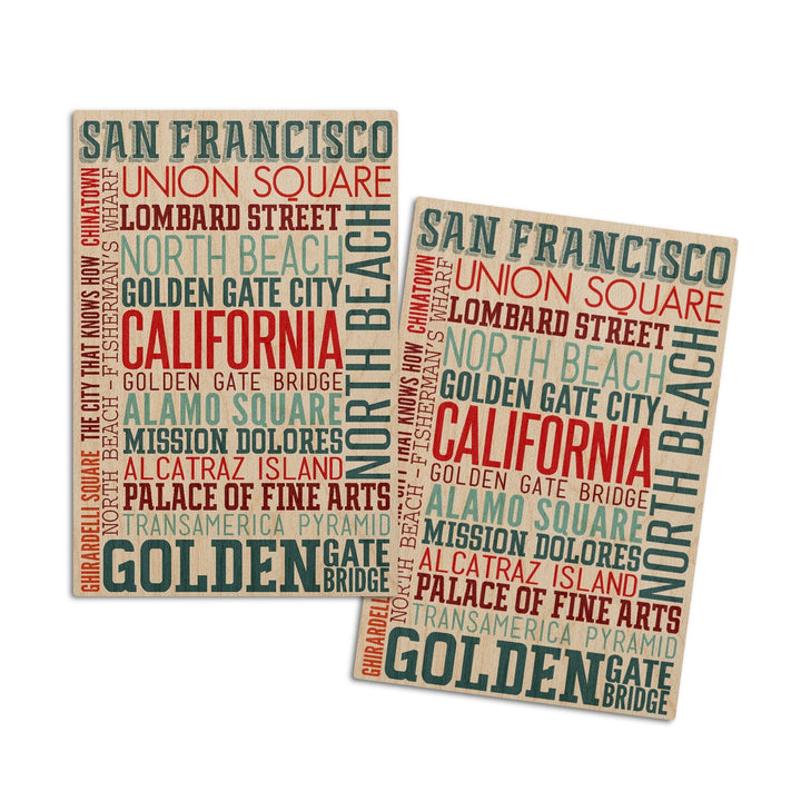 San Francisco, California, Typography, Lantern Press Artwork, Wood Signs and Postcards Wood Lantern Press 4x6 Wood Postcard Set 
