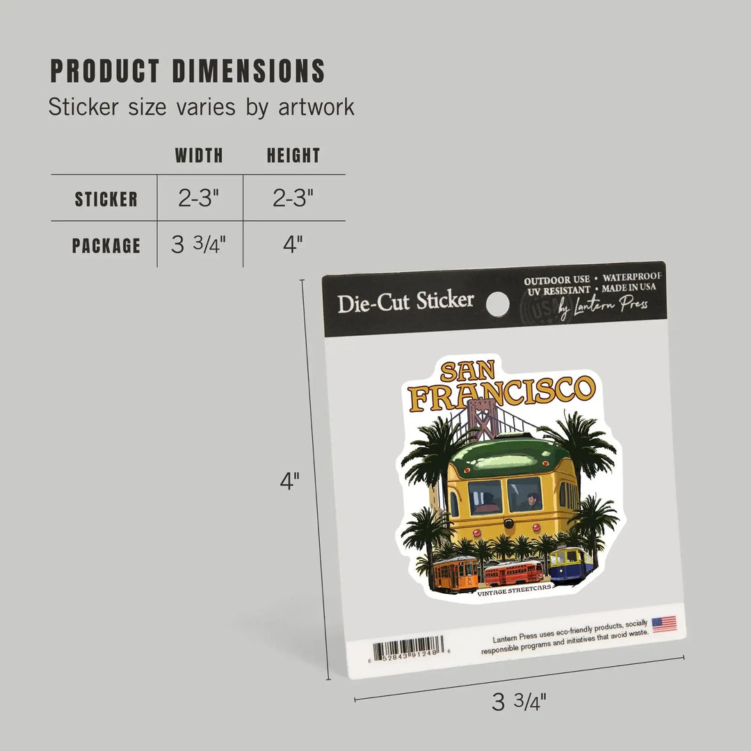 San Francisco, California, Vintage Streetcars, Contour, Vinyl Sticker Sticker Lantern Press 