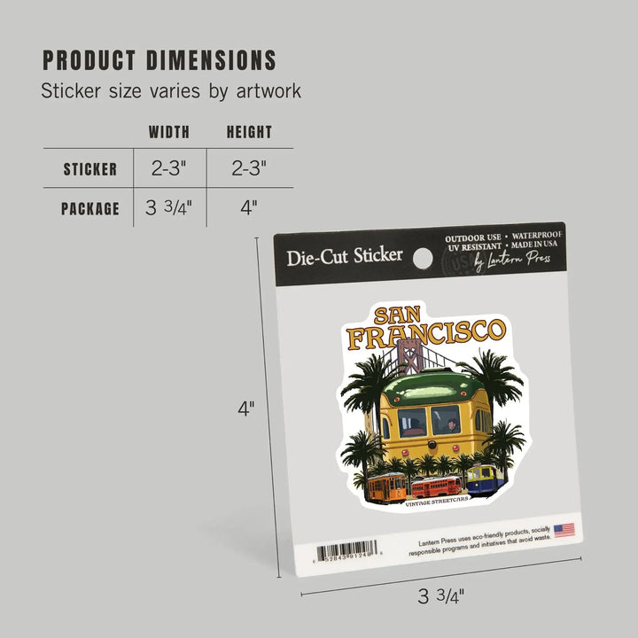 San Francisco, California, Vintage Streetcars, Contour, Vinyl Sticker Sticker Lantern Press 