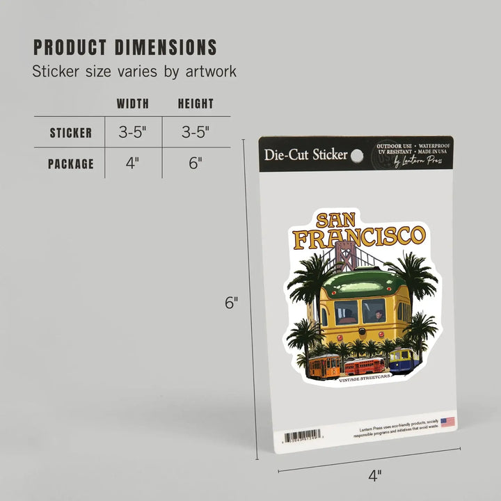 San Francisco, California, Vintage Streetcars, Contour, Vinyl Sticker Sticker Lantern Press 