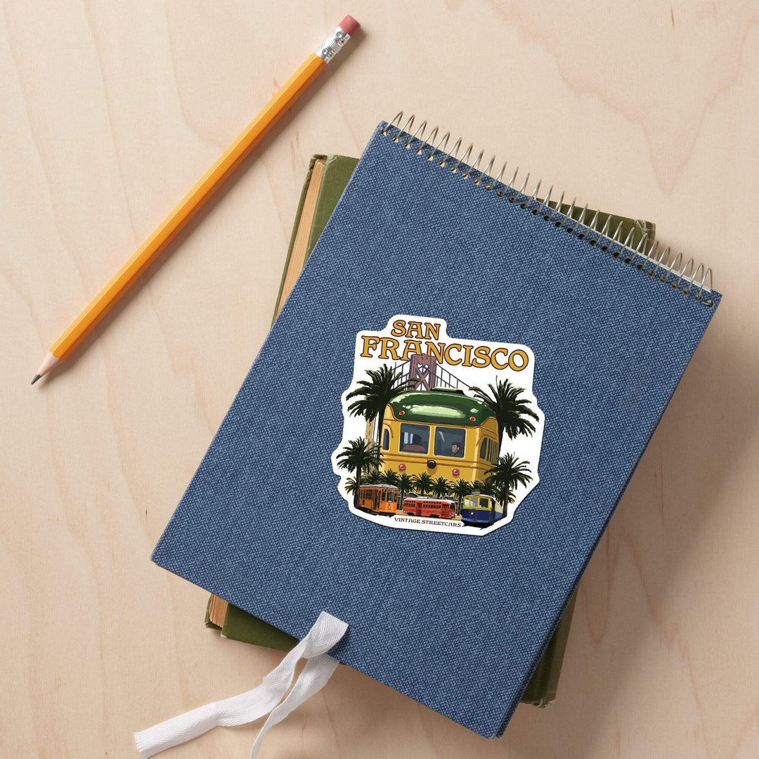 San Francisco, California, Vintage Streetcars, Contour, Vinyl Sticker Sticker Lantern Press 