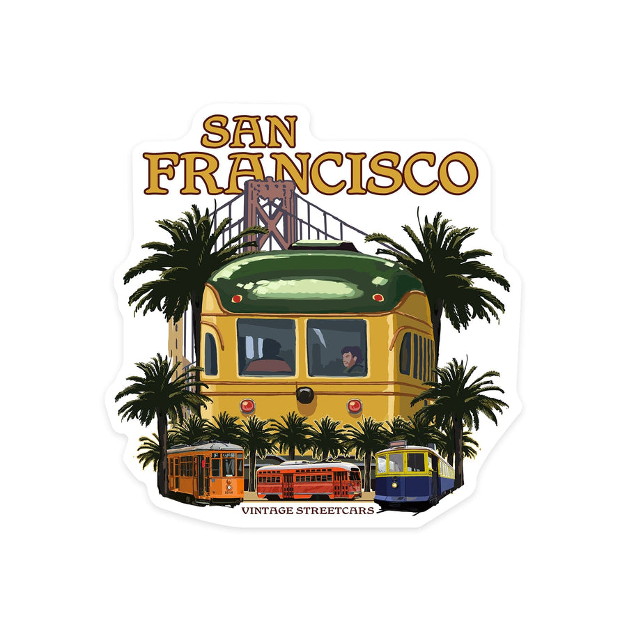 San Francisco, California, Vintage Streetcars, Contour, Vinyl Sticker Sticker Lantern Press 