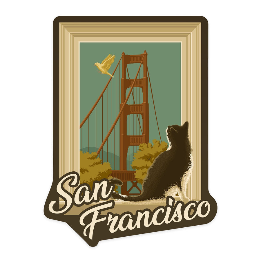 San Francisco, California, Window Sill & Cat, Contour, Lantern Press Artwork, Vinyl Sticker Sticker Lantern Press 
